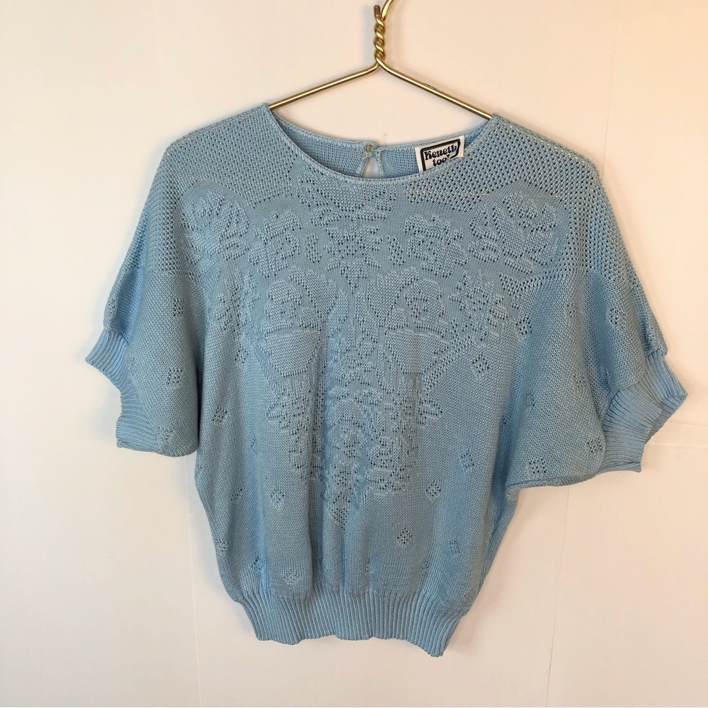 Vintage grandma core powder blue floral knit dolman sleeve knit sweater L